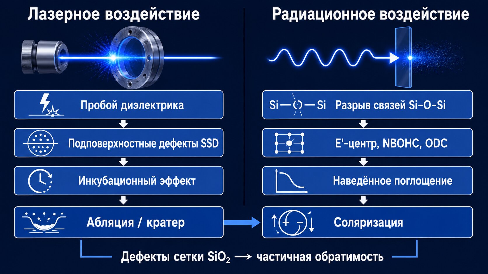 Механизмы лучевого повреждения кварцевого стекла SiO₂