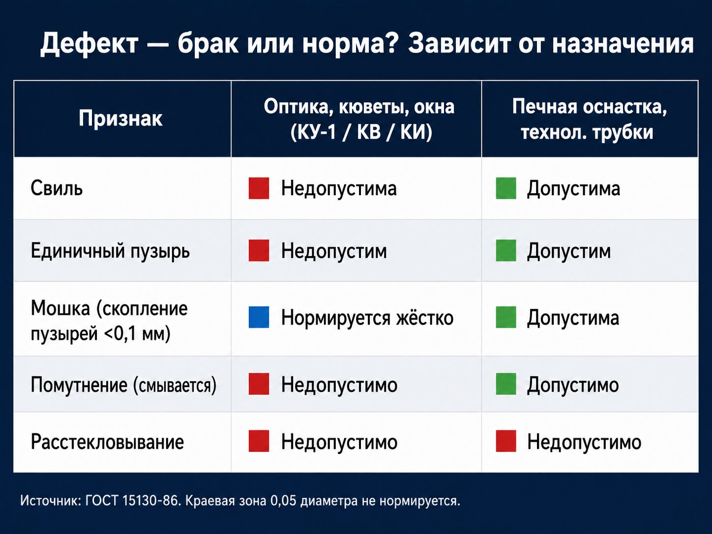 Таблица дефект против нормы в кварцевом стекле по назначению
