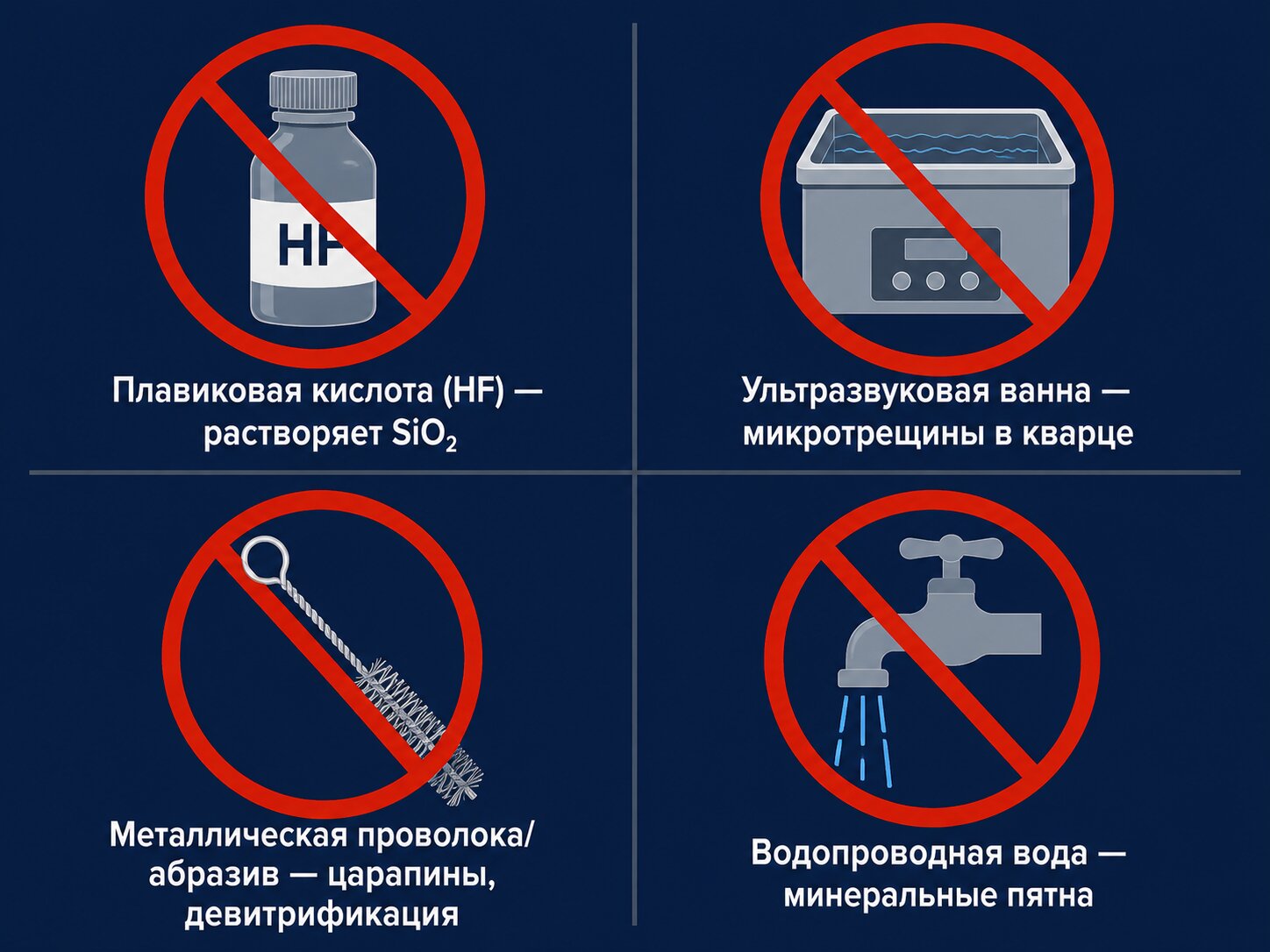 Запреты при очистке кварцевого инжектора