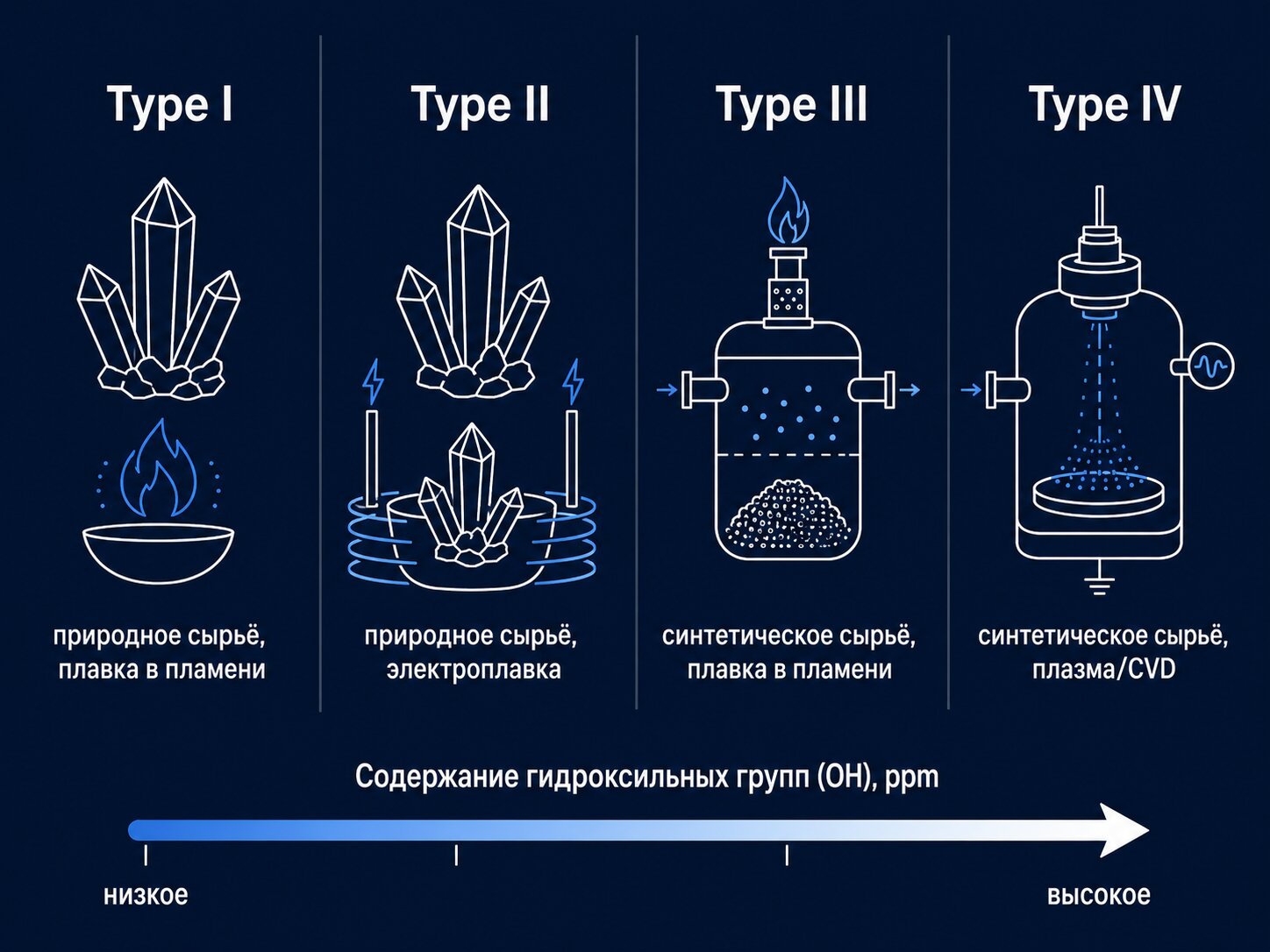 Классификация кварцевого стекла Type I–IV по типу сырья