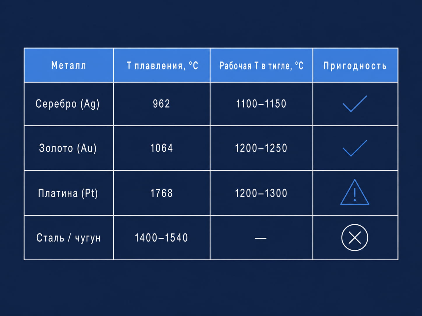 Таблица пригодности кварцевого тигля для плавки