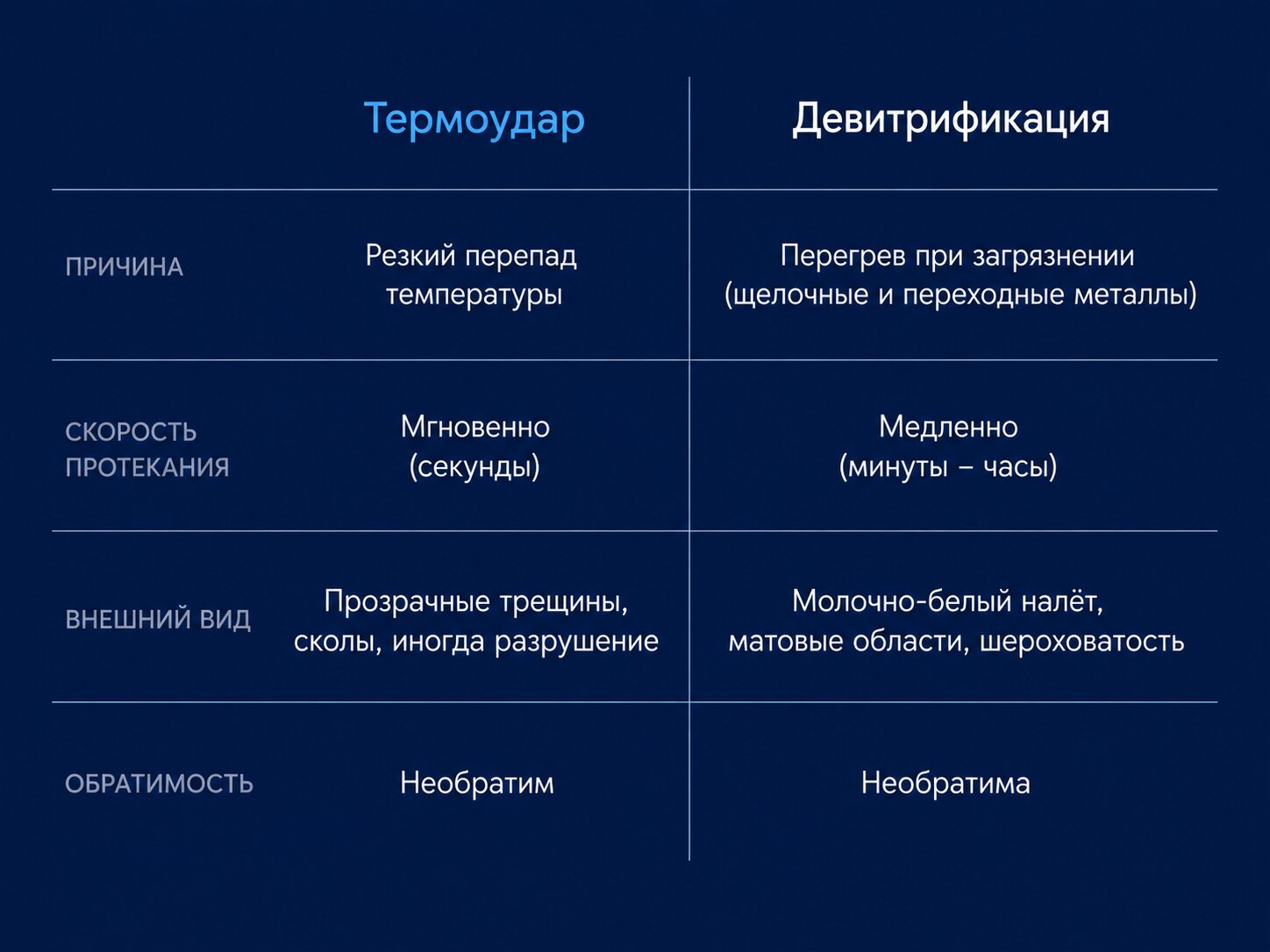 Сравнение девитрификации и термоудара кварцевого стекла