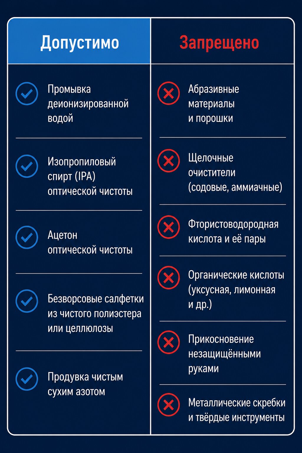 Таблица реагентов для очистки кварцевого стекла — что допустимо и что запрещено