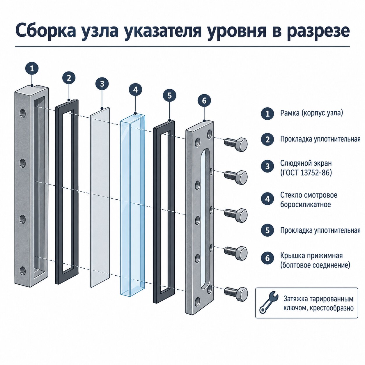 Схема сборки узла указателя уровня — рамка, прокладка, слюда, стекло, крышка