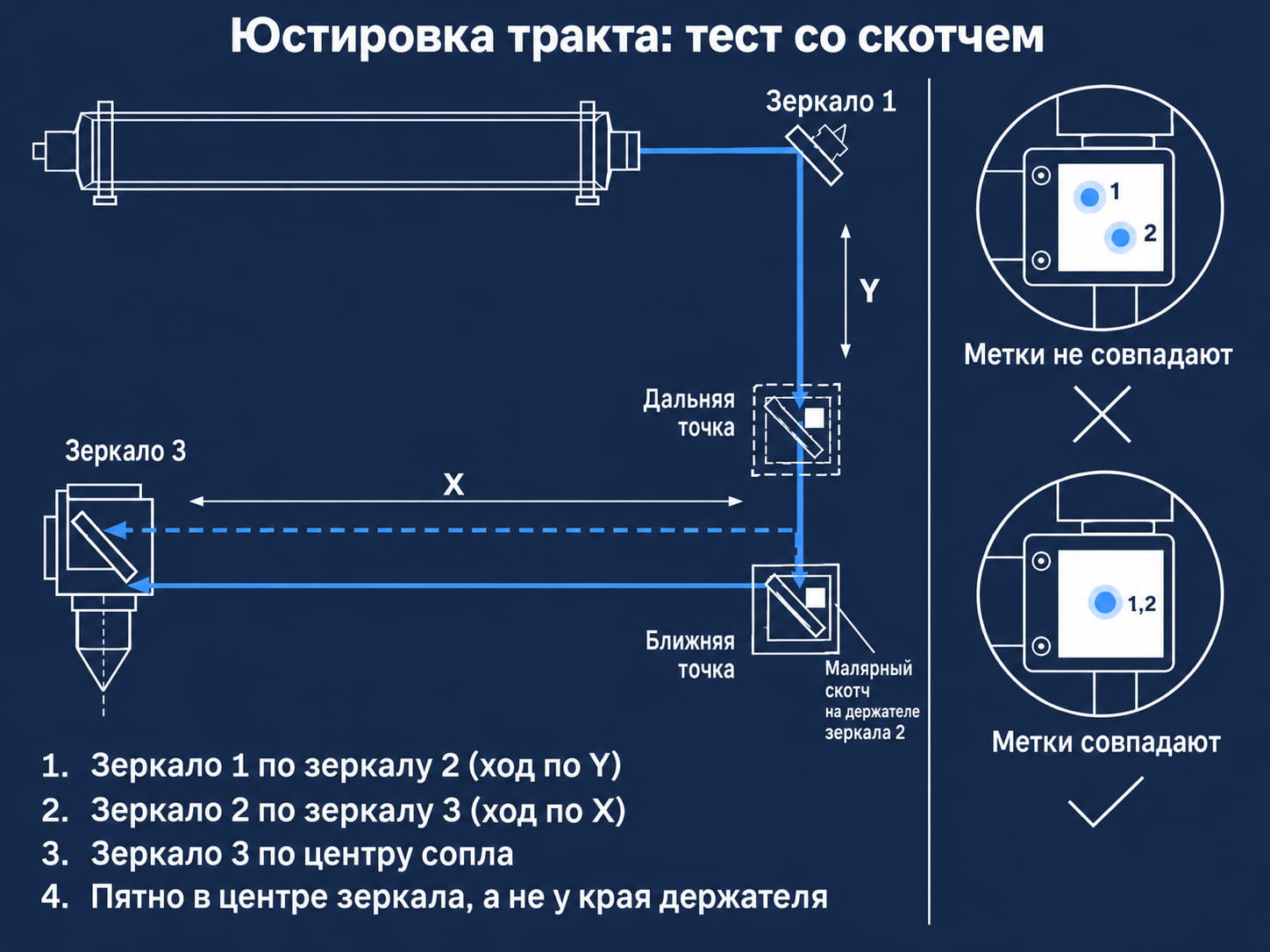 Юстировка зеркал лазерного станка: тест со скотчем в ближней и дальней точке хода каретки