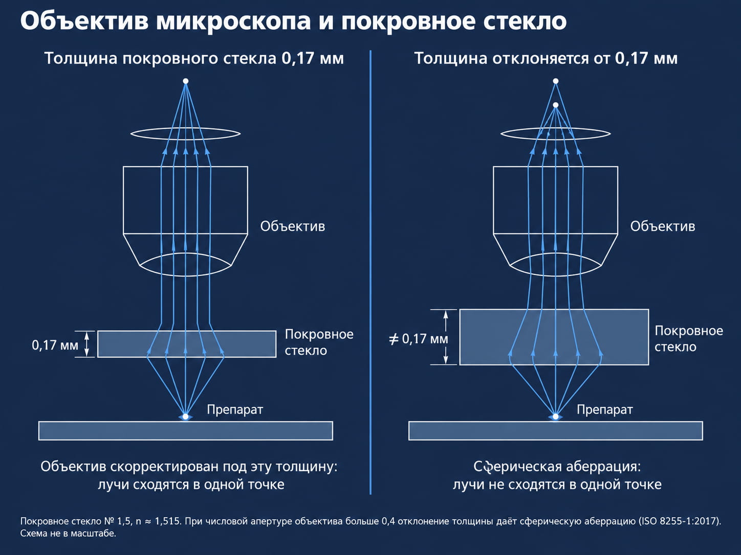 Объектив микроскопа и покровное стекло 0,17 мм: ход лучей и сферическая аберрация при другой толщине