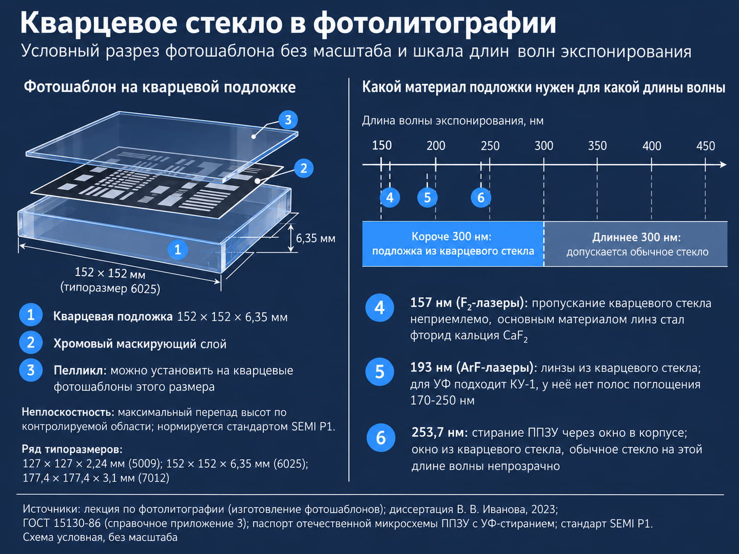 Схема кварцевого фотошаблона 152 × 152 × 6,35 мм и шкала длин волн: кварцевое стекло короче 300 нм
