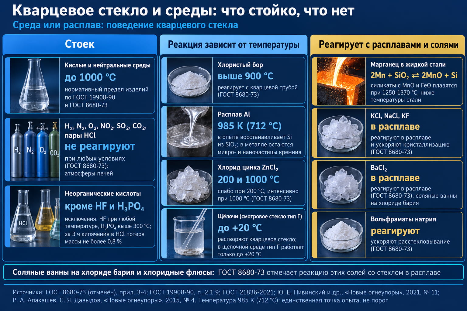 Матрица сред для кварцевого стекла: газы стойки, расплав Al в опыте при 712 °C, марганец и соли реагируют