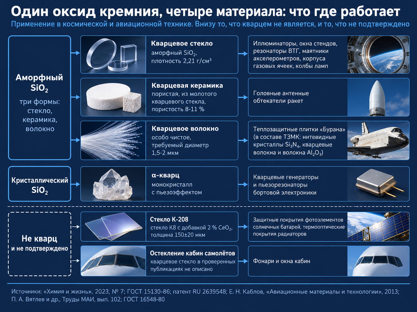 Схема материалов SiO₂ в космосе и авиации: стекло, керамика, волокно, α-кварц и то, что кварцем не является